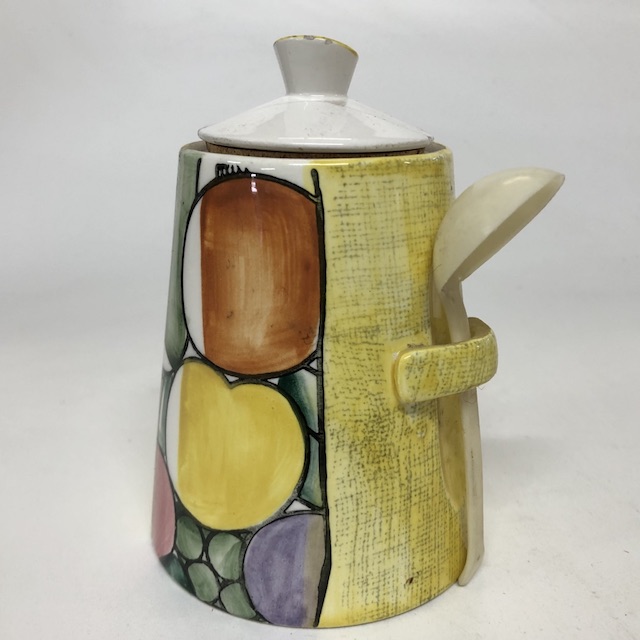 CONDIMENT POT, 1950s Yellow Fruit w Spoon